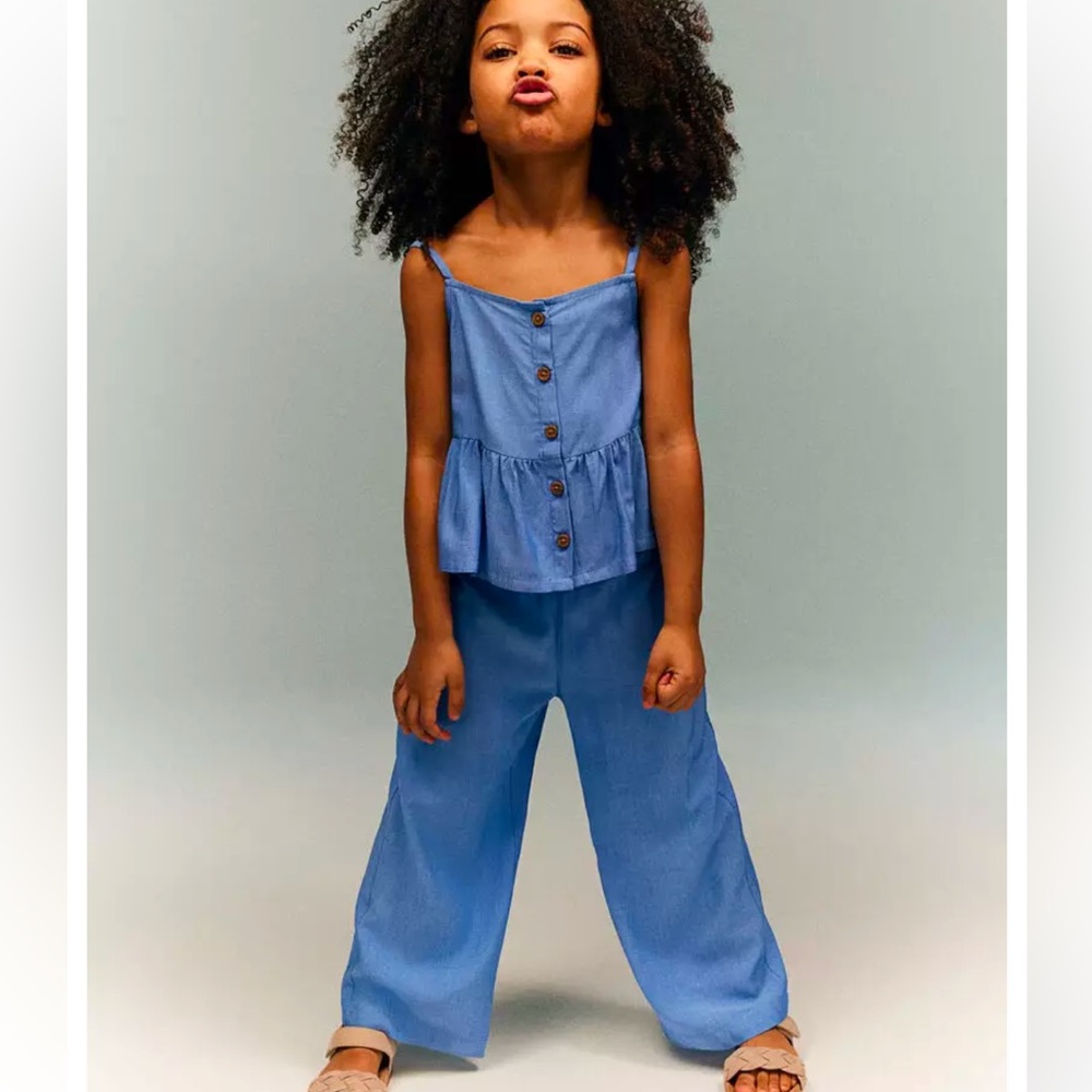 H&M Girl’s Matching Set Tank Top and Wide Leg Pants Chambray Blue - Picture 1 of 10